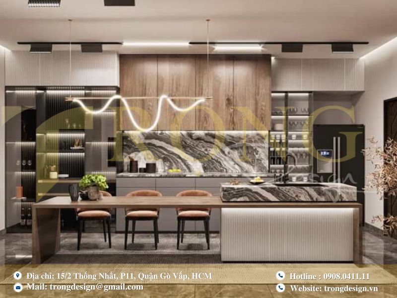 Mẫu bếp có bàn đảo kết hợp quầy bar mini