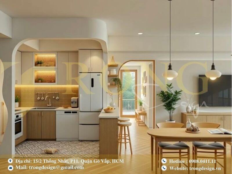 Thiết kế bếp ấm cúng và tiện nghi, với các chi tiết gỗ và đường cong mềm mại.
