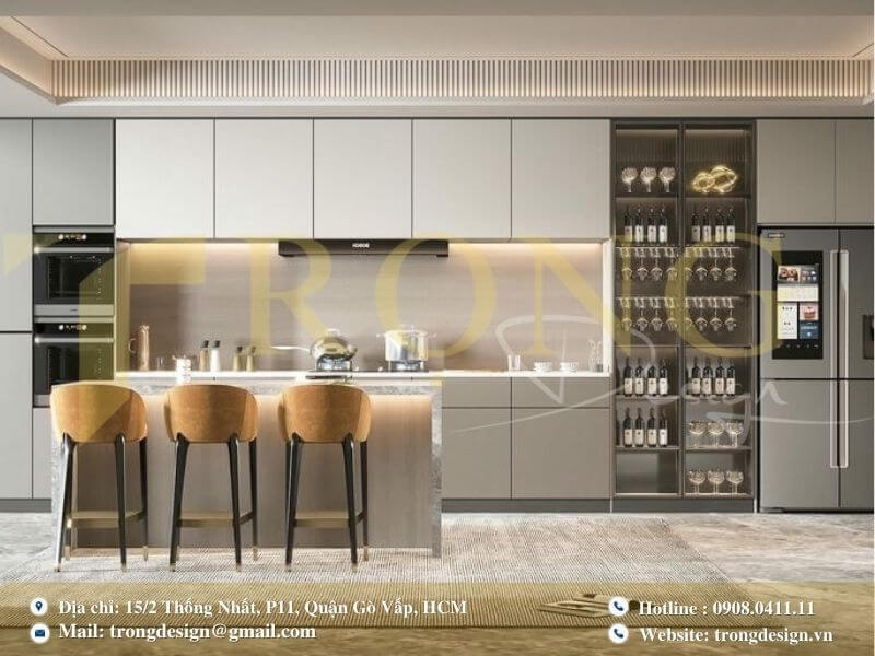 Bếp thiết kế hiện đại, sang trọng và tích hợp nhiều tiện ích thông minh.