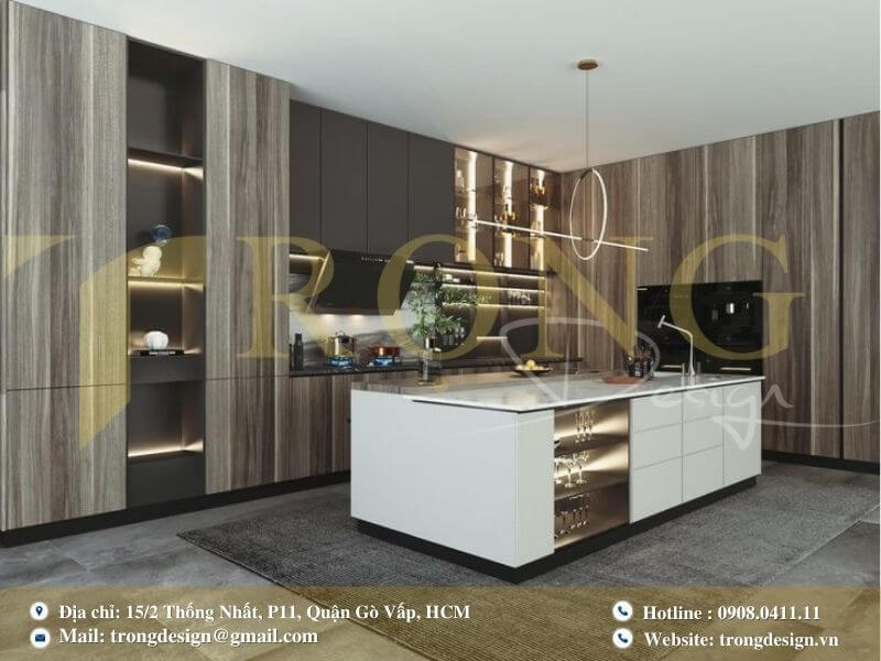 Phòng bếp hiện đại và sang trọng với đảo bếp tích hợp và không gian mở.