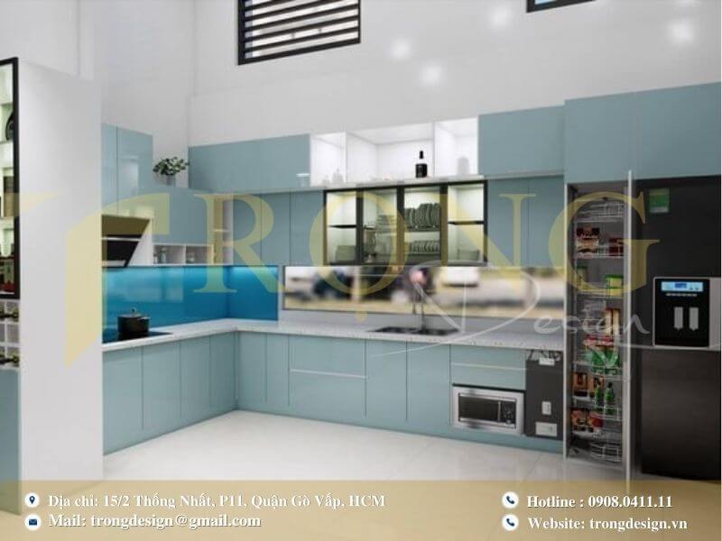 Bếp hiện đại, tối giản với đảo bếp lớn và tông màu trung tính sang trọng.