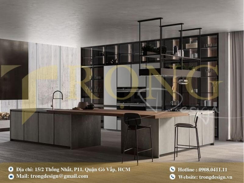 Bếp hiện đại, tối giản với tông màu trắng chủ đạo và điểm nhấn gỗ ấm áp.