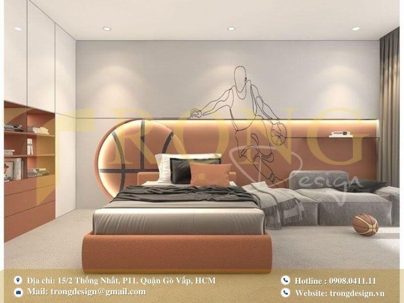 Phòng ngủ chủ đề bóng rổ cá tính với điểm nhấn đầu giường sáng tạo.