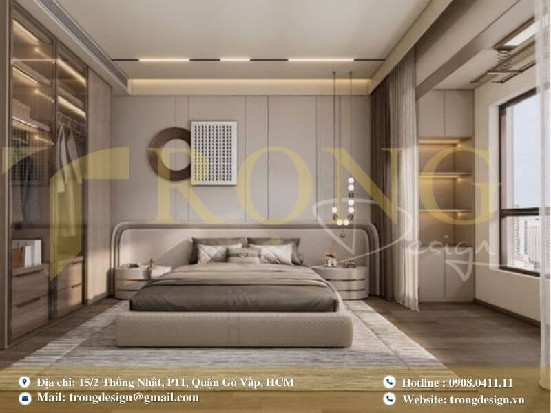Phòng ngủ hiện đại, thanh lịch với tủ quần áo kính sang trọng.