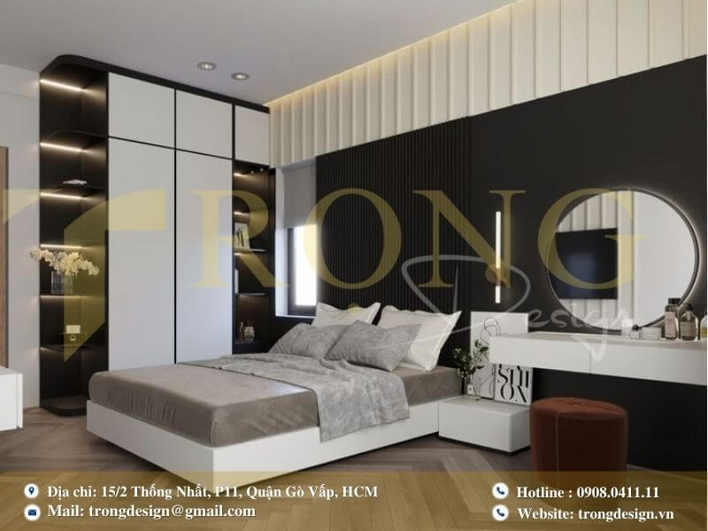 Phòng ngủ phong cách hiện đại với sự kết hợp tương phản đen trắng ấn tượng.