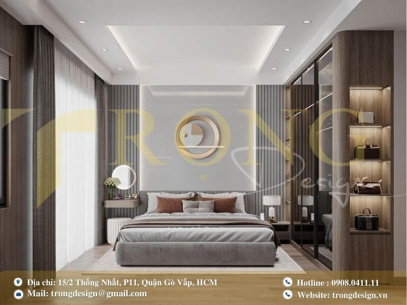 Phòng ngủ ấm cúng và sang trọng với chi tiết trang trí đầu giường độc đáo.