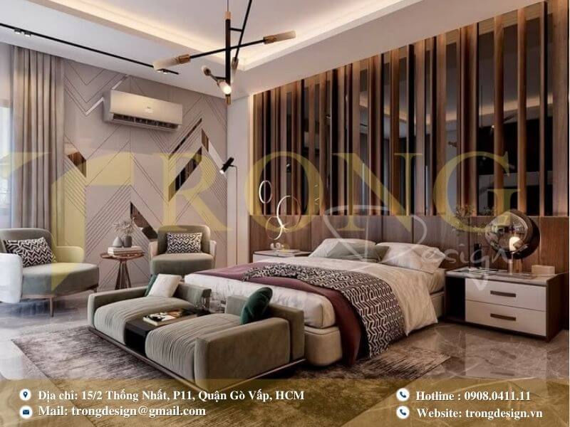 Phòng ngủ hiện đại đẳng cấp với các mảng tường trang trí ấn tượng.