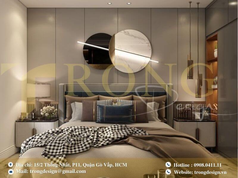 Phòng ngủ ấm cúng với trang trí tường đầu giường hiện đại và độc đáo.
