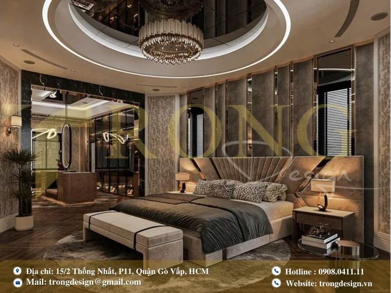 Phòng ngủ master xa hoa với thiết kế đẳng cấp và khu vực thay đồ tiện nghi.