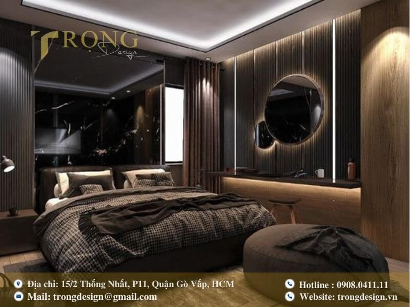 Phòng ngủ hiện đại, cá tính với gam màu tối và chi tiết gương độc đáo.