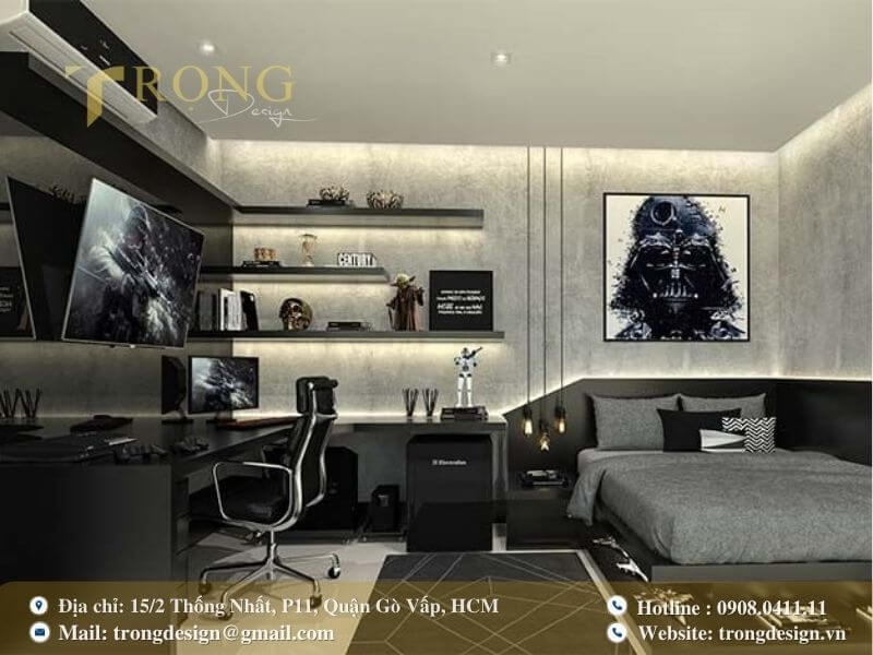 Phòng ngủ hiện đại, tiện ích với không gian làm việc và giải trí tích hợp.