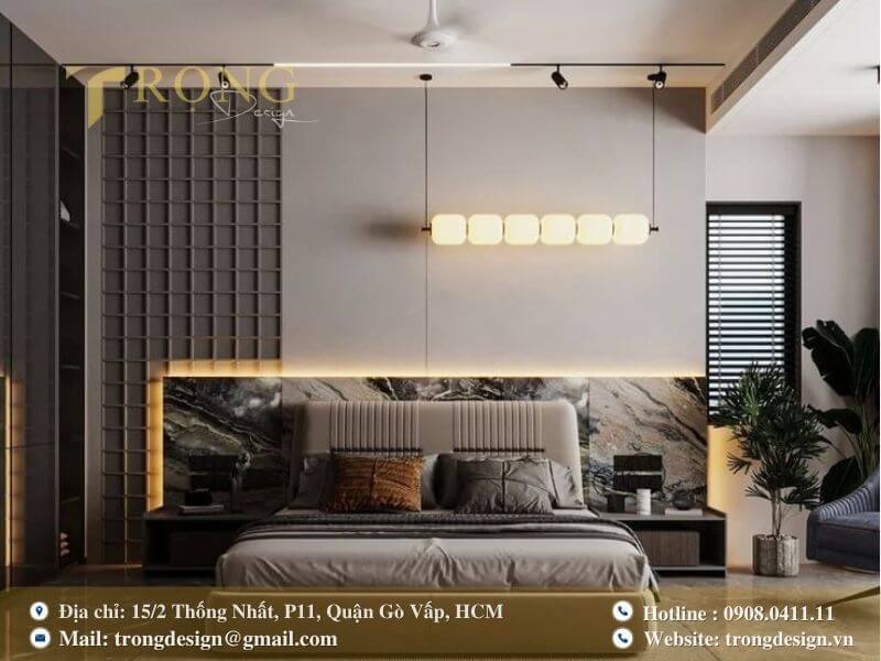 Phòng ngủ hiện đại, cá tính với mảng tường 3D và ánh sáng độc đáo.