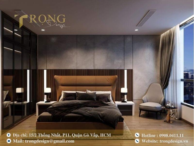 Phòng ngủ hiện đại, ấm áp với gam màu nâu trầm và tầm nhìn thành phố.