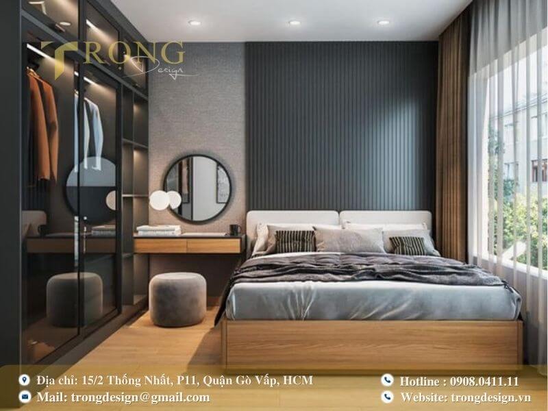 Phòng ngủ hiện đại, cá tính với gam màu tối và tủ quần áo kính.