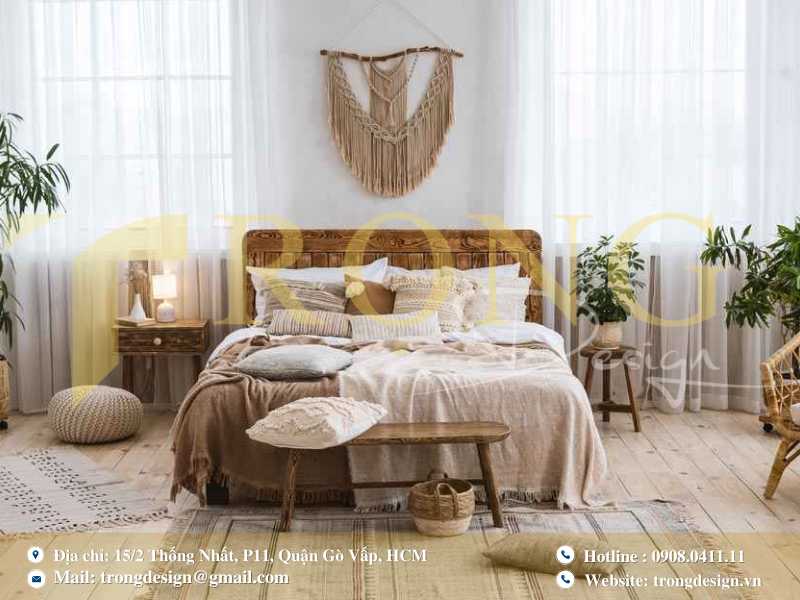 Phòng ngủ mộc mạc, màu trung tính, chất liệu tự nhiên cùng ánh sáng chan hòa.