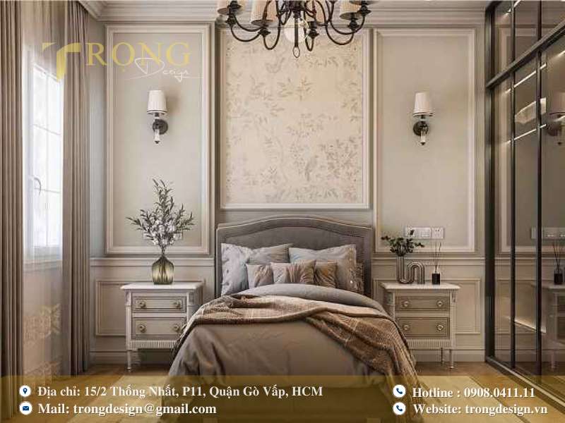 Phong cách tân cổ điển được thể hiện qua phào chỉ tinh xảo, nội thất cổ điển và tông màu trung tính sang trọng.
