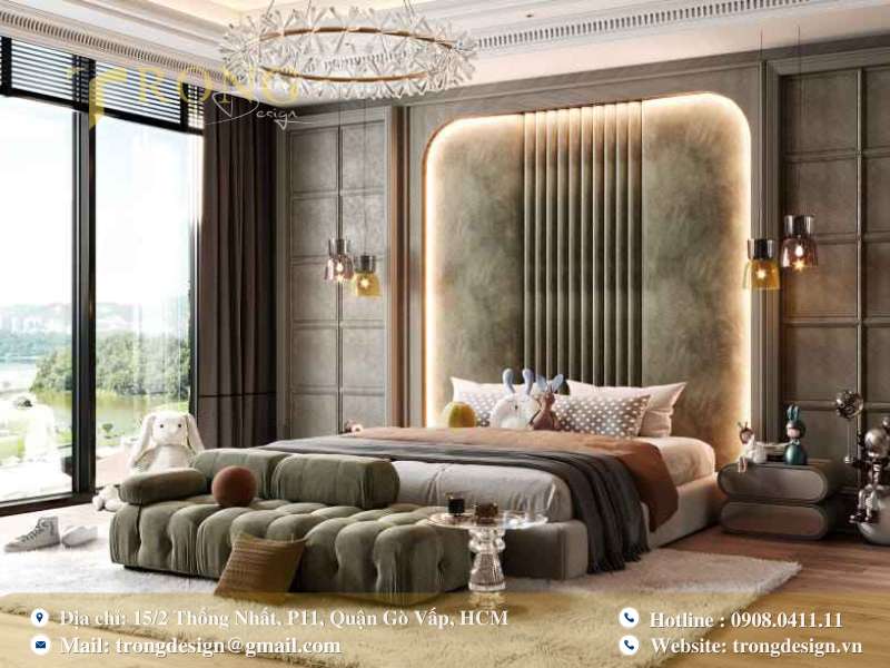 Hiện đại và ấm cúng với đầu giường đèn hắt và tông trung tính.