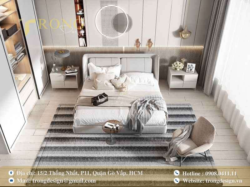 Tối giản hiện đại, cân bằng giữa gỗ sáng và tông trắng - xám.