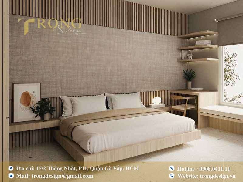 Japandi nhẹ nhàng với trắng chủ đạo và gỗ liền mạch.