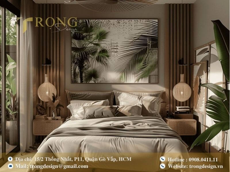 Phòng ngủ phong cách nhiệt đới với họa tiết lá cọ và vật liệu tự nhiên.
