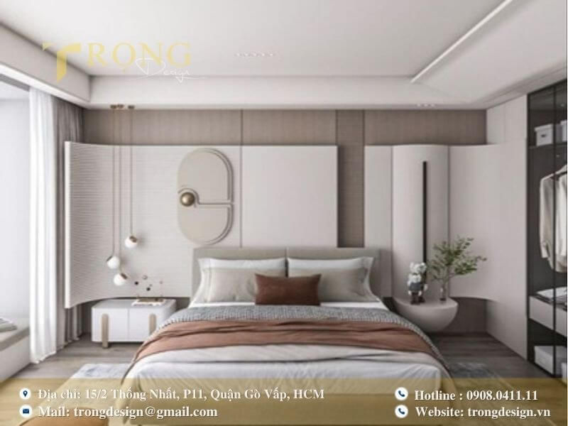 Phòng ngủ hiện đại tối giản với mảng tường trang trí độc đáo.