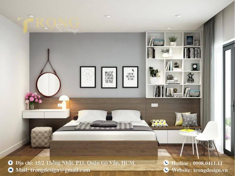 Phòng ngủ sang trọng, tinh tế với gam màu xám be và hệ thống ánh sáng hiện đại.