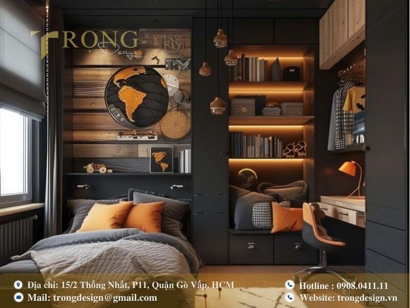 Phòng ngủ cá tính cho con trai với tông đen.
