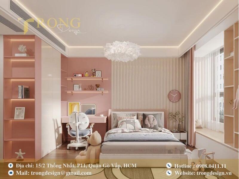 Phòng ngủ tươi sáng cho con gái với tông hồng trắng.