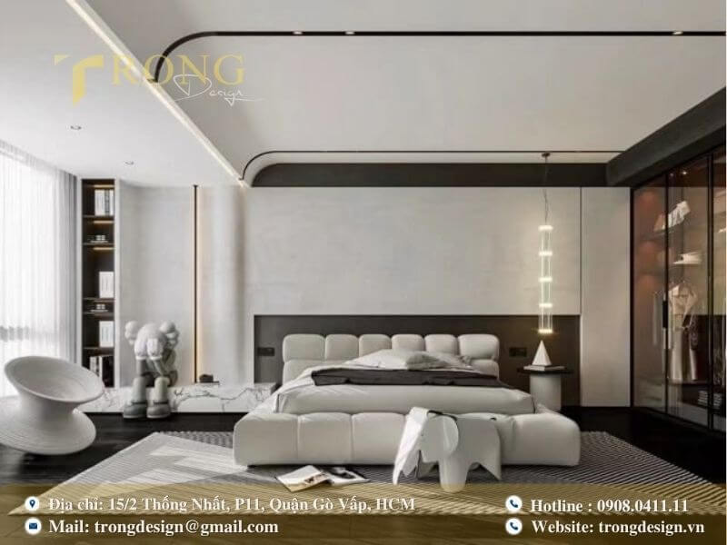 Phòng ngủ hiện đại tối giản với thiết kế trần độc đáo.