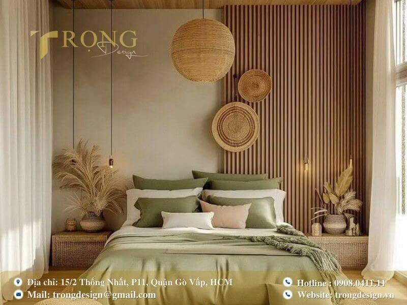 Phòng ngủ hiện đại mộc mạc với vật liệu tự nhiên.