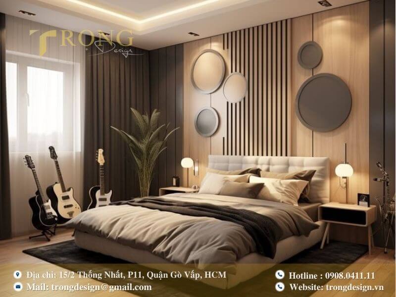 Phòng ngủ hiện đại cá tính với trang trí âm nhạc và gương nghệ thuật.