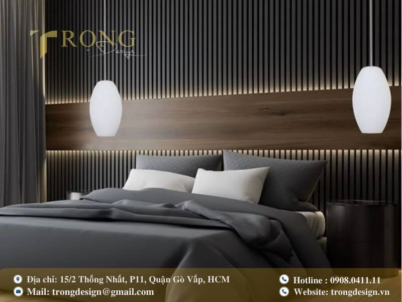 Phòng ngủ hiện đại mạnh mẽ với gam màu đen, xám.