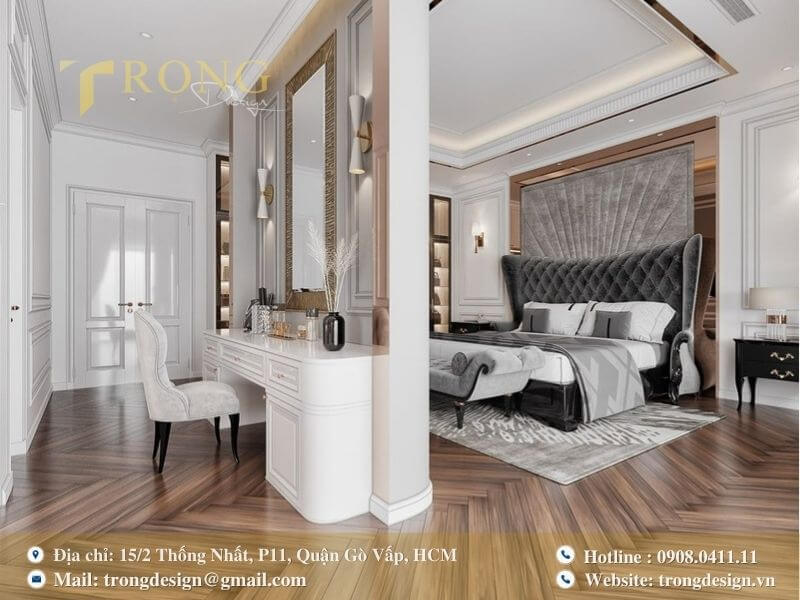 Phòng ngủ Tân cổ điển hiện đại với đầu giường bề thế.