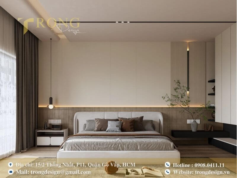 Phòng ngủ hiện đại, thanh lịch với tông màu trung tính.