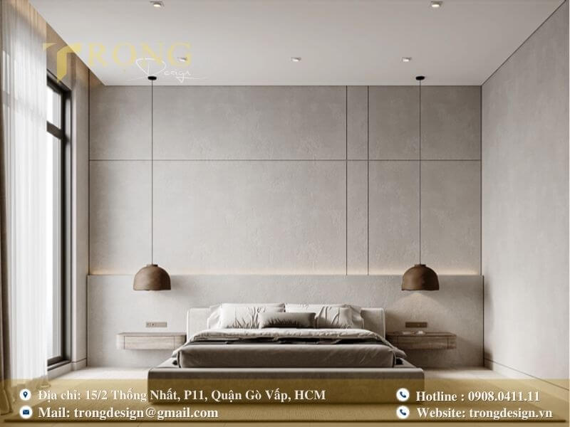 Phòng ngủ tối giản với tông màu xám be.