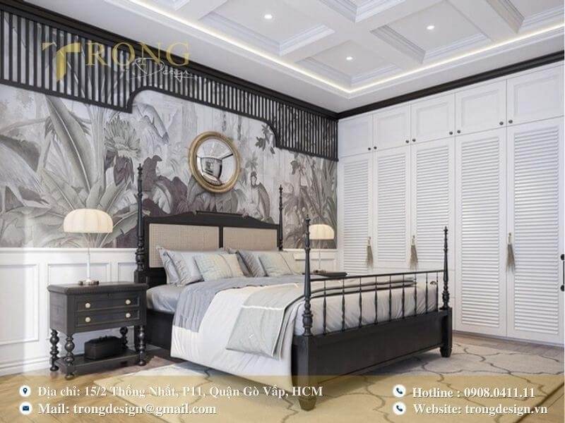 Phòng ngủ phong cách Đông Dương kết hợp họa tiết thiên nhiên.