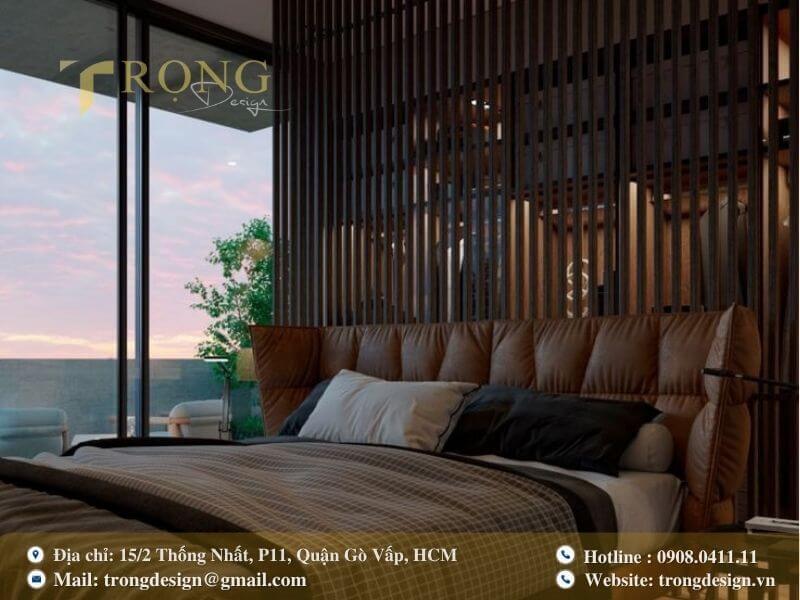 Phòng ngủ hiện đại mở ra tầm nhìn hoàng hôn tuyệt đẹp.