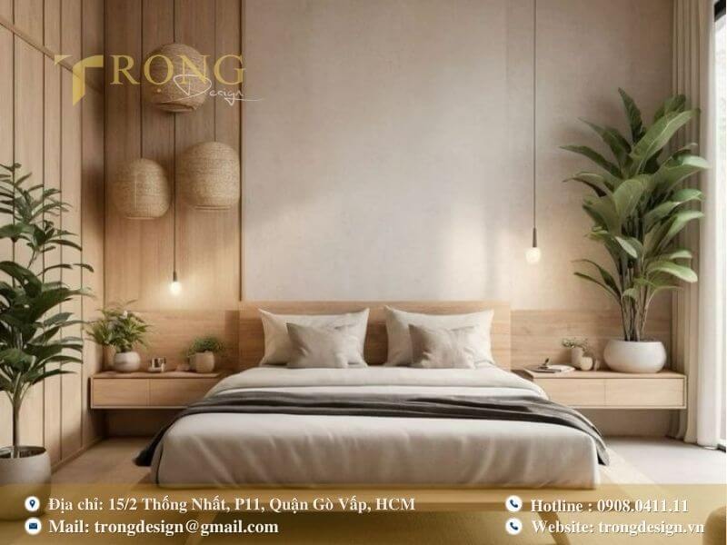 Phòng ngủ tối giản với điểm nhấn cây xanh, tạo không gian bình yên.