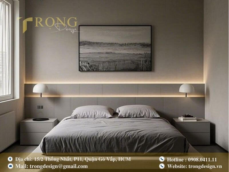 Phòng ngủ tối giản hiện đại với tông màu xám.