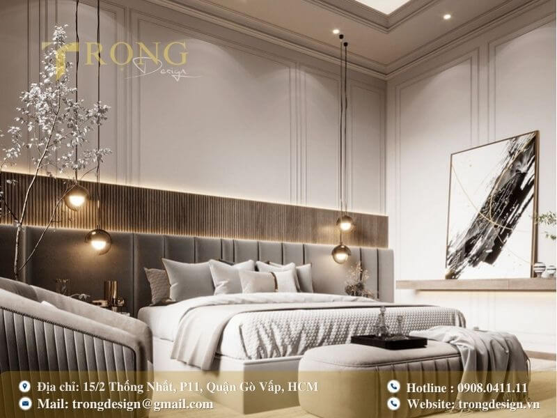Phòng ngủ tân cổ điển hiện đại với tông màu xám.