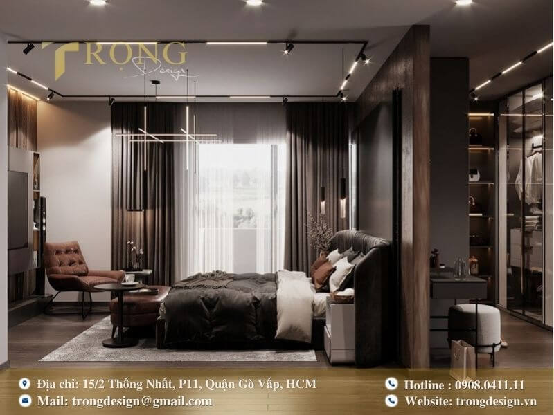 Phòng ngủ sang trọng với tông màu trầm.