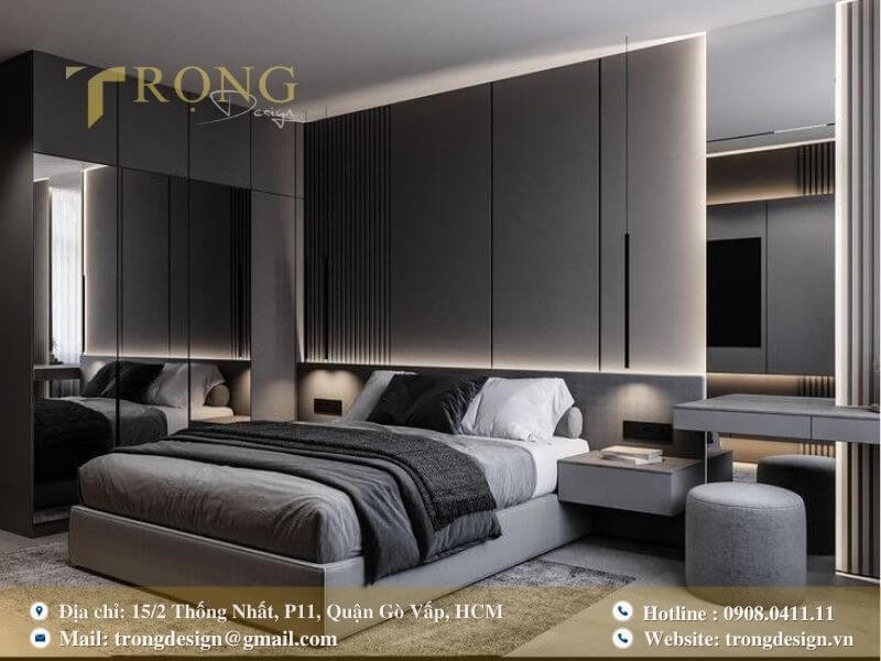 Phòng ngủ hiện đại với tông màu xám chủ đạo.