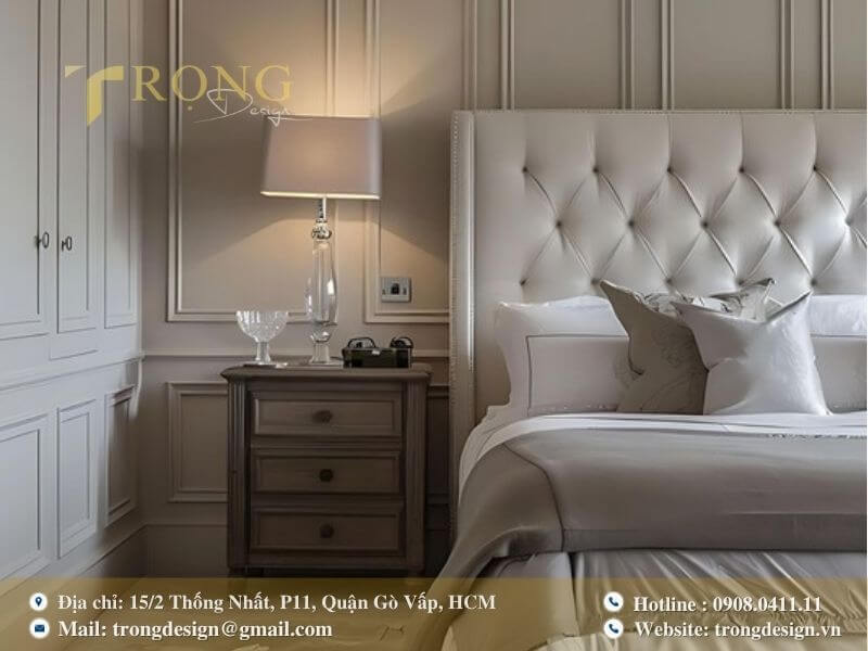 Phòng ngủ sang trọng thanh lịch với nội thất tông màu be kem.