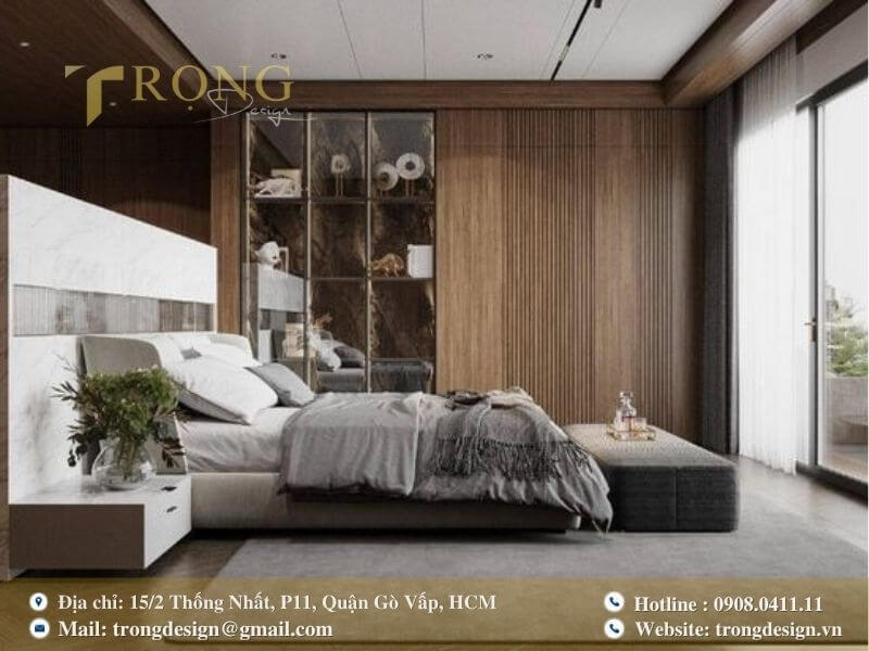 Phòng ngủ hiện đại, tối giản với sự kết hợp gỗ và đá cẩm thạch.