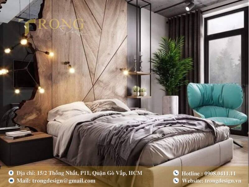Phòng ngủ tối giản, hiện đại với tường gỗ và kết nối thiên nhiên.