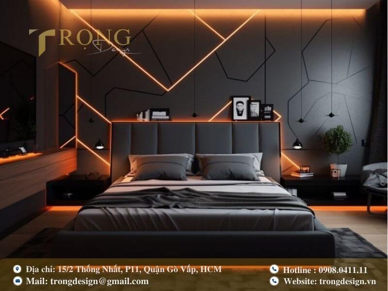 Phòng ngủ hiện đại với đèn LED cam tạo hiệu ứng ánh sáng độc đáo.