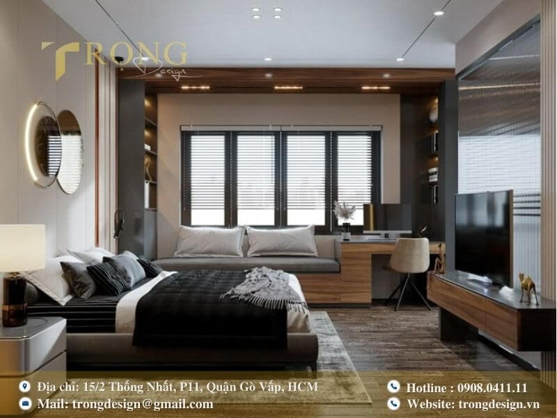 Phòng ngủ hiện đại, tiện nghi với khu vực làm việc tích hợp cửa sổ.