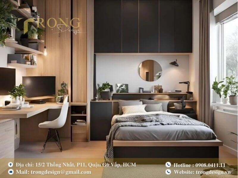Phòng ngủ tối giản, hiện đại và tối ưu không gian với nội thất đa chức năng.
