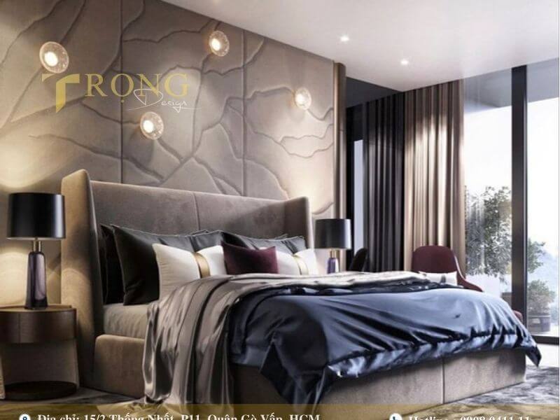 Phòng ngủ hiện đại với tường đầu giường 3D độc đáo.