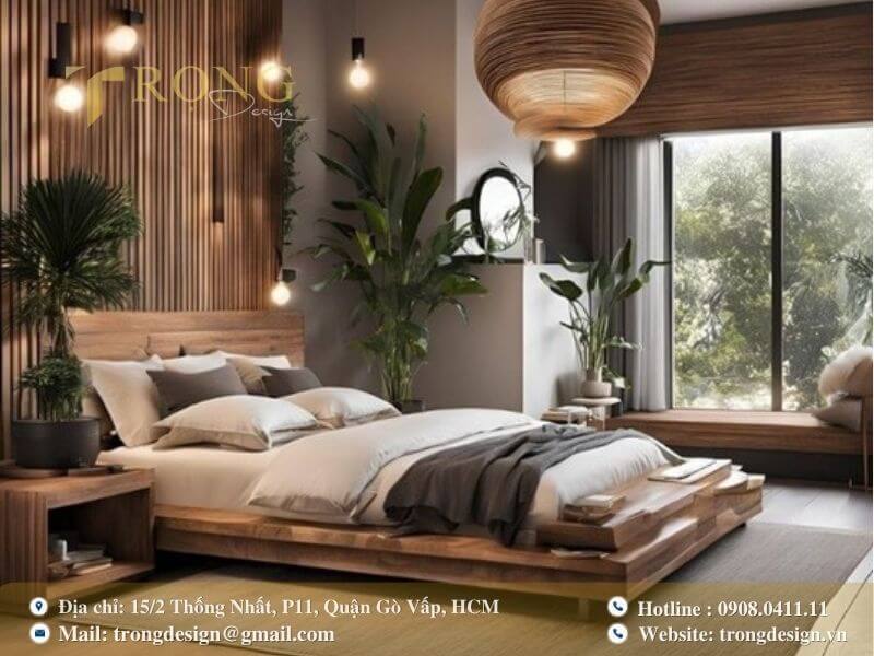 Phòng ngủ mộc mạc, gần gũi thiên nhiên với nội thất gỗ và cây xanh.